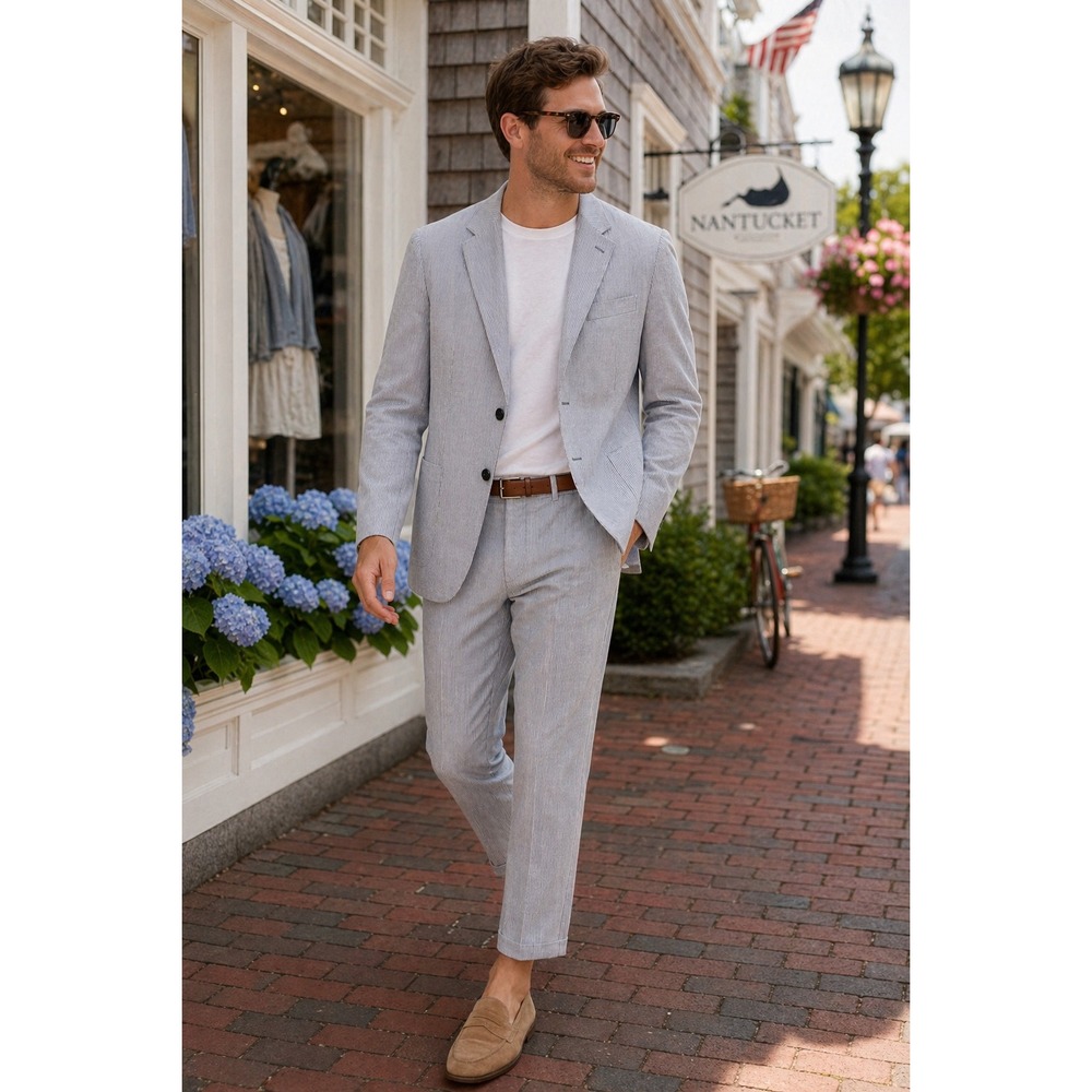Linen Blend Blazer 44R Blue Striped Slim Fit Casual Jacket Express Lightweight - Picture 3 of 15
